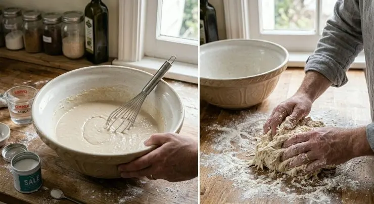 Versate poi un po’ della farina e mescolando con la frusta create una sorta di pastella, in cui aggiungerete il sale. Versate il resto della farina e cominciate ad impastare con le mani, trasferendo il tutto su un piano di lavoro leggermente infarinato. Impastate così per circa 7-10 minuti.