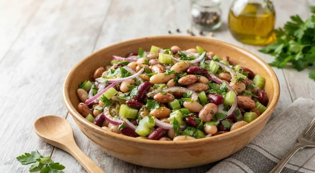 Insalata ai tre fagioli estiva e ricca di proteine Insalata ai tre fagioli fresca in ciotola di terracotta con cipolla rossa, sedano e prezzemolo