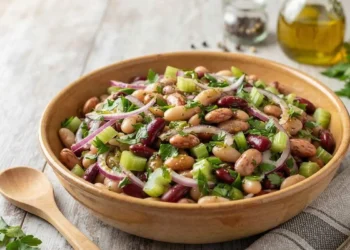 Insalata ai tre fagioli fresca in ciotola di terracotta con cipolla rossa, sedano e prezzemolo