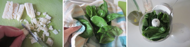 Tagliate l’Asiago finemente, lavate e asciugate le foglie di basilico e mettetele in tritatutto con un po’ di olio.