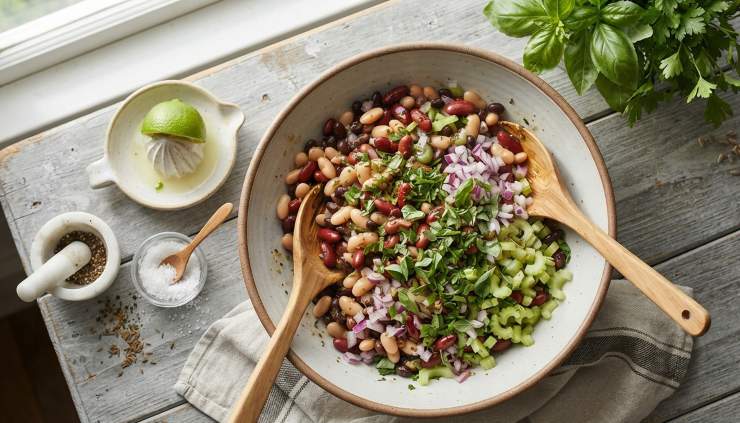 In una ciotola ampia aggiungete la cipolla, il sedano, le erbe, le spezie, il succo del lime, un filo d’olio, un pizzico di sale e mescolate. Aggiungete i fagioli leggermente freddati e mescolate bene. Servite decorando con un po’ di basilico, prezzemolo e con i semi di girasole.