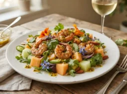 Gamberetti e melone freschi pronti da servire Insalata gourmet di gamberetti e melone con vinaigrette al frutto della passione servita su un piatto bianco in ceramica