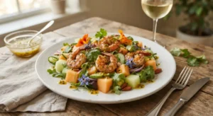 Gamberetti e melone freschi pronti da servire Insalata gourmet di gamberetti e melone con vinaigrette al frutto della passione servita su un piatto bianco in ceramica