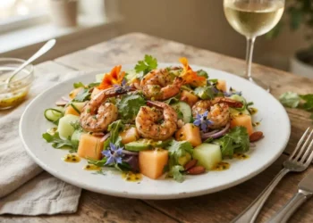 Insalata gourmet di gamberetti e melone con vinaigrette al frutto della passione servita su un piatto bianco in ceramica