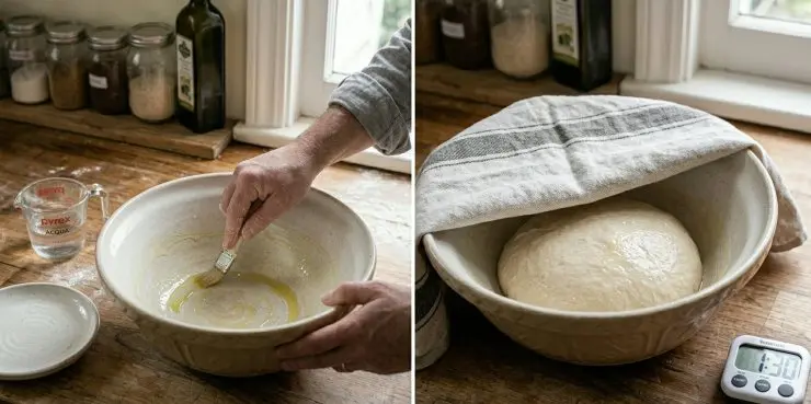 Una volta pronto disponete l’impasto in una ciotola leggermente oliata, e lasciatelo riposare per circa un’ora e mezza, coperto dalla pellicola e da un panno, nel forno spento con la luce accesa. Quando sarà lievitato, e quindi avrà almeno raddoppiato il suo volume, trasferitelo su un foglio di carta forno e stendetelo aiutandovi con un matterello.