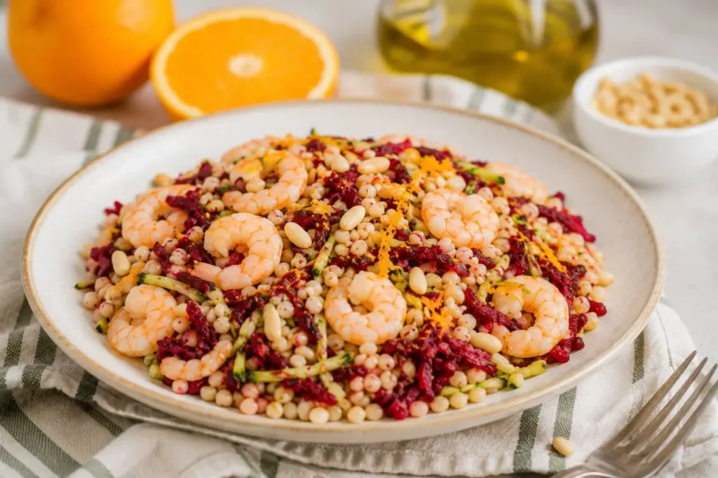 Piatto di orzo perlato con gamberetti e rape rosse ben mantecato, guarnito con prezzemolo fresco e pronto per essere servito su un tavolo in legno.