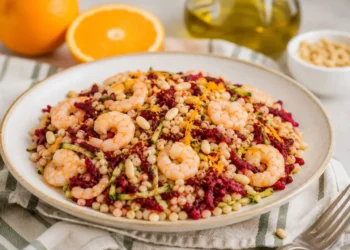 Piatto di orzo perlato con gamberetti e rape rosse ben mantecato, guarnito con prezzemolo fresco e pronto per essere servito su un tavolo in legno.