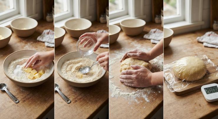 Per preparare la pasta brisè, in una ciotola mescolate la farina ed il pizzico di sale, aggiungete il burro e cominciate ad amalgamarlo con le mani, sfregando palmo contro palmo, per far incorporare tutta la farina. Aggiungete un paio di cucchiai di acqua fredda e trasferite su un piano di lavoro. Impastate velocemente aggiungendo acqua a sufficienza, fino ad ottenere un impasto omogeneo. Avvolgetelo nella pellicola e lasciatelo riposare almeno per 20 minuti.