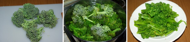 Pulite i broccoletti tenendo solo le cimette più tenere, lavateli in abbondante acqua correte e sbollentateli in acqua salata per circa 7 minuti, una volta pronti scolateli, conservando l’acqua di cottura che servirà a cuocere la pasta.