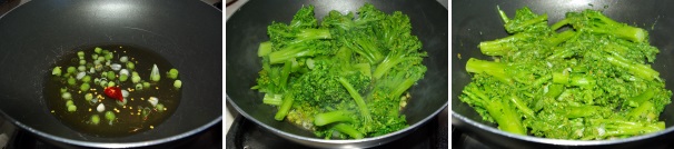 In una padella dai bordi alti scaldate dell’olio insieme al peperoncino, imbiondite l’aglio novello, unite i broccoli e lasciateli insaporire per un paio di minuti a fuoco dolce.