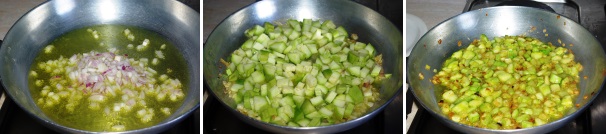 Iniziate ponendo sul fuoco una pentola con acqua salata per la cottura della pasta, che porterete ad ebollizione durante la preparazione del sugo. Pulite cipolla, tritatela finemente e fatela dorare con l’olio in una padella capiente, quindi unite le zucchine a dadini, salate e cuocete a fuoco vivo per una decina di minuti, fino a che non saranno morbide e dorate.