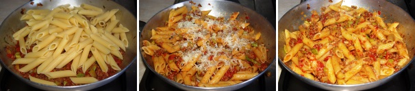 Portate la pasta a cottura e scolatela al dente, ripassatela nel sugo e saltate qualche minuto con il pecorino, quindi servitela in tavola ben calda.