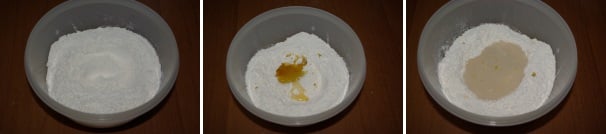 In una ciotola setacciate la farina ed unite lo zucchero ed il miele, quindi sciogliete il lievito in qualche cucchiaio di acqua tiepida e versatelo dentro la farina.