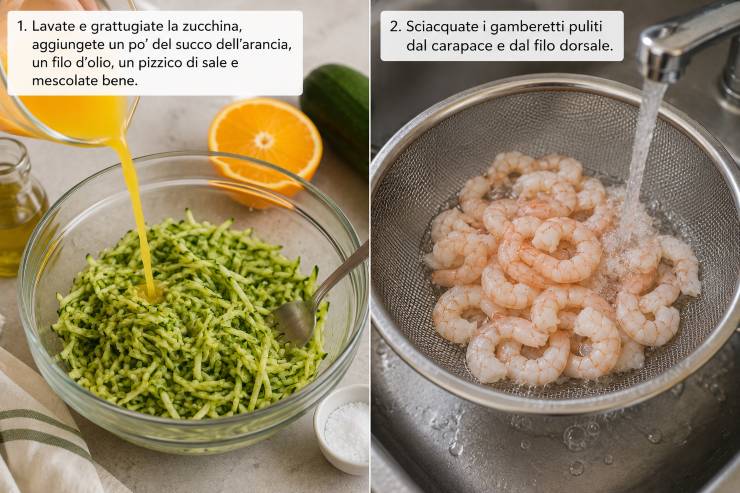 Lavate e grattugiate la zucchina, aggiungete un po’ del succo dell’arancia, un filo d’olio, un pizzico di sale e mescolate bene. Sciacquate i gamberetti puliti dal carapace e dal filo dorsale.