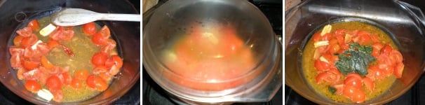Unite il peperoncino piccante intero, mescolate, coprite la pirofila e lasciate cuocere per 10 minuti a fiamma media. Trascorso il tempo, scoperchiate la pentola ed unite le foglie di basilico.
 