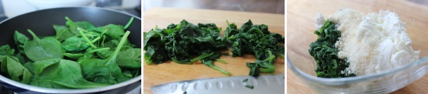 Cucinate gli spinaci in una padella e quando saranno freddi sminuzzateli con un coltello, aggiungete la ricotta, un pizzico di sale ed un paio di cucchiai di parmigiano, amalgamate bene e lasciate riposare il tutto in frigorifero.