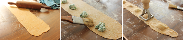 Aiutandovi con un po’ di farina ed il mattarello stendete la pasta, stendendo piccoli pezzi per volta. Quando avrete raggiunto lo spessore di circa 1-2 mm mettete delle palline di farcitura, spennellate i lati con un po’ di acqua e chiudete la pasta. Tagliate quindi i ravioli.
 