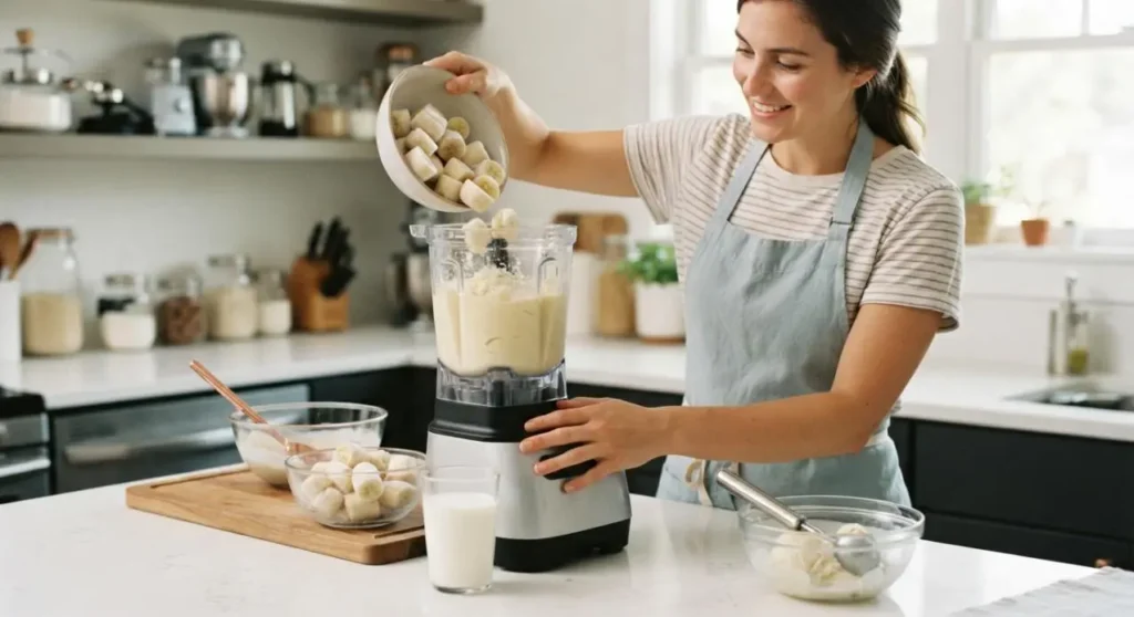 Donna sorridente prepara il gelato istantaneo alla banana nel frullatore in una cucina luminosa.