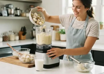 Come fare il gelato istantaneo con banane e latte nel mixer. Donna sorridente prepara il gelato istantaneo alla banana nel frullatore in una cucina luminosa.