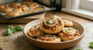 Piatto di ceramica con girelle di pizza soffici farcite con pomodoro, mozzarella e basilico fresco, con teglia da forno sullo sfondo.