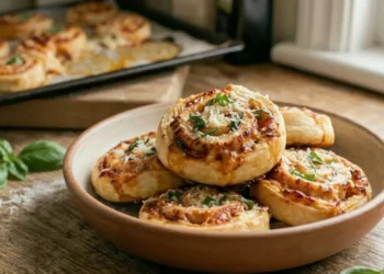 Piatto di ceramica con girelle di pizza soffici farcite con pomodoro, mozzarella e basilico fresco, con teglia da forno sullo sfondo.