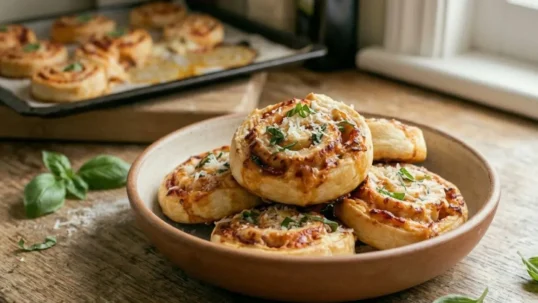 Piatto di ceramica con girelle di pizza soffici farcite con pomodoro, mozzarella e basilico fresco, con teglia da forno sullo sfondo.