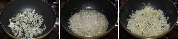 Una volta pronto il sugo di pomodoro, in una casseruola dai bordi adeguatamente alti fate imbiondire il resto della cipolla, unite il riso e fatelo tostare bene.