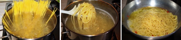 Cuocete gli spaghetti in acqua salata e scolateli bene al dente e morbidi, ossia con qualche goccia di acqua di cottura, versateli in padella ed a fuoco moderato insaporite la pasta con l’olio, l’aglio ed il peperoncino.