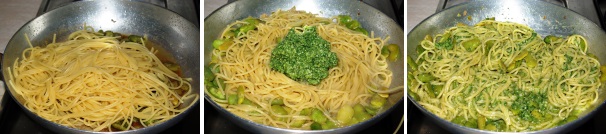 Lessate la pasta in acqua abbondante e salata, scolatela tenendo un mestolo di acqua di cottura da parte e versatela in padella, fate assorbire l’acqua e spegnete, dunque unite il pesto di finocchietto selvatico, mantecate e servite.