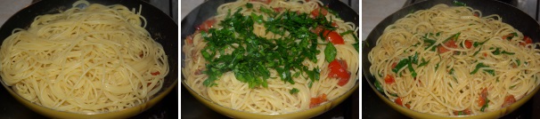 Scolate la pasta che ne frattempo avrete lessato in acqua salata e mantecate qualche minuto nel condimento con un mestolo di acqua di cottura, quindi unite il prezzemolo e un filo d’olio crudo. Servite il piatto ben caldo.