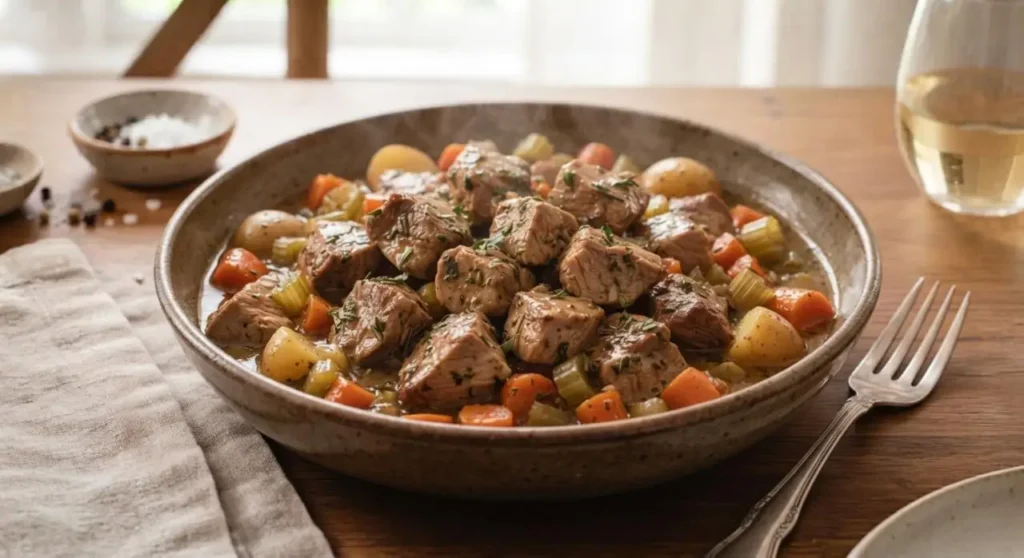 Delizioso spezzatino di tacchino al forno profumato alle erbe aromatiche servito in un piatto fondo rustico con un ricco sughetto