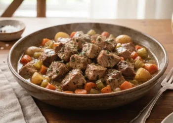 Delizioso spezzatino di tacchino al forno profumato alle erbe aromatiche servito in un piatto fondo rustico con un ricco sughetto