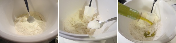 Preparate l’impasto per lo strudel unendo le farine con lo yogurt. Mescolate, aggiungete il sale e l’olio.
 
