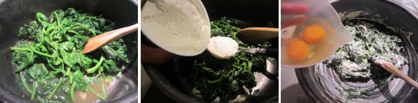 Lavate gli spinaci e uniteli all’aglio soffritto. Saltate qualche minuto per far uscire l’acqua. Scolate bene l’acqua della cottura e raffreddate gli spinaci. Aggiungete la ricotta e le uova, aggiustate di pepe e sale e mescolate.