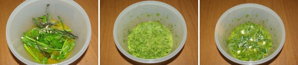 Le erbe che profumeranno il tacchino in cottura dovranno essere ridotte in crema, dunque nel contenitore del mixer sistemate il prezzemolo, l’erba cipollina, la menta e la salvia, unitevi l’olio e il succo del limone con uno spicchio d’aglio a pezzetti, quindi azionate il mixer e frullate. Non appena l’intingolo sarà pronto unite il rosmarino, che dovrà rimanere intero, e i restanti spicchi d’aglio, sbucciati e tagliati a pezzi.