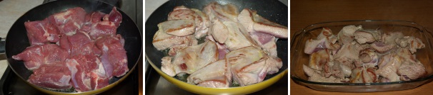 In una padella ben calda, preferibilmente antiaderente, che vi permetterà di non usare olio, sigillate i pezzi di tacchino da tutte le parti, quindi adagiateli in una teglia.