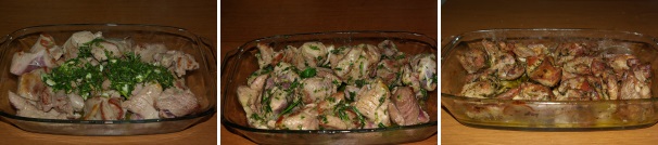 Coprite la carne con le erbette precedentemente frullate e salate il tutto, mescolate bene e senza coprire, terminate la cottura al forno per un tempo di 30 minuti circa e ad una temperatura di 250°C. Rigirate la carne qualora ce ne fosse bisogno ed una volta pronta servitela calda e con il fondo di cottura.