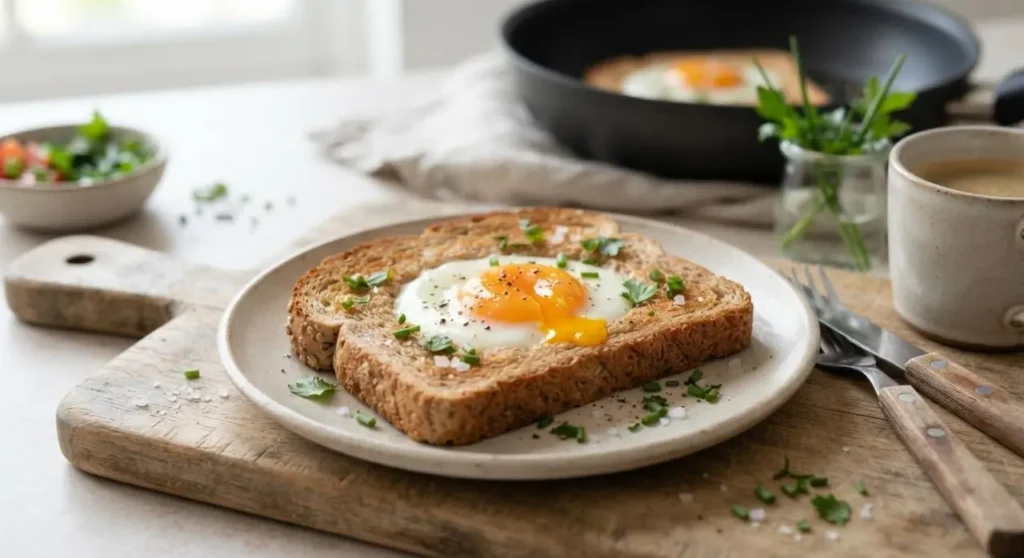 Toast integrale con l'uovo all'occhio di bue servito su tagliere in legno, ricetta egg bread