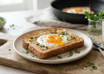 Toast integrale con l'uovo all'occhio di bue servito su tagliere in legno, ricetta egg bread