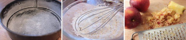 Accendete il forno a 180°C in modalità ventilata. Imburrate ed infarinate un teglia di circa 20 cm di diametro. Mescolate in un una ciotola la farina, la fecola di patate, il lievito ed il sale, tutto setacciato.