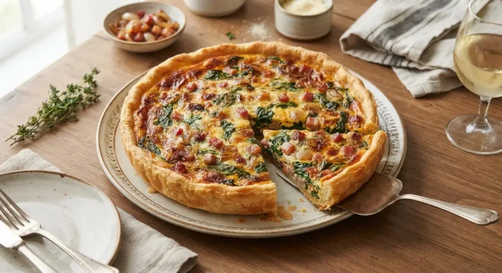 Torta salata con scalogno, pancetta e spinaci appena sfornata su piatto rustico pronta per essere servita.
