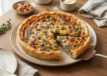 Torta salata con scalogno, pancetta e spinaci appena sfornata su piatto rustico pronta per essere servita.