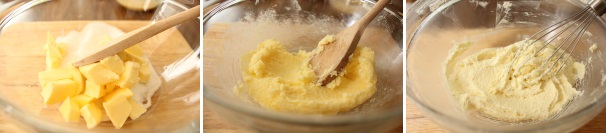 Accendete il forno a 180°C in modalità ventilata. Con un cucchiaio di legno unite il burro allo zucchero, quando saranno ben amalgamati montateli molto bene con l’aiuto di una frusta elettrica.