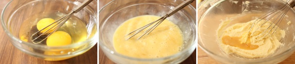 In una ciotolina mescolate le uova con l’estratto di vaniglia, aggiungetele quindi poco per volta al composto montato di burro e zucchero.