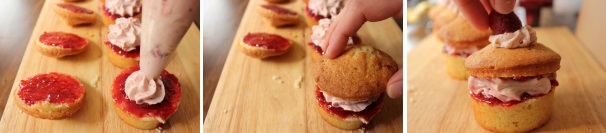 Con l’aiuto di una tasca da pasticcere mettete un po’ della panna sulle torte, chiudete con la parte superiore e decorate con altra panna, delle fragole fresche e un po’ di zucchero a velo.