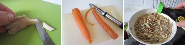 Eliminate completamente il gambo del fungo. Lavate e sbucciate le carote, tagliate i funghi a strisce e grattuggiate le carote. Aggiungete il tutto alla cipolla, condite con la salsa di soia e cuocete per 15 minuti.
