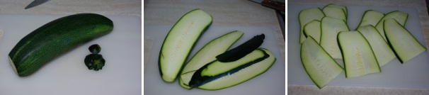 Lavate e spuntate le zucchine, quindi affettatele con uno spessore di 3 millimetri e se troppo lunghe dividete le fette a metà.