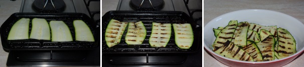 Scaldate la piastra e cuocete le zucchine un minuto per lato ed una volta cotte trasferitele in una pirofila e qui salatele.