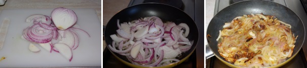 In una padella scaldate l’olio, affettate la cipolla grossolanamente e mettetela in padella, quindi salatela, copritela e fatela cuocere per una decina di minuti rimestando di tanto in tanto fino a che non sarà cotta e morbida.