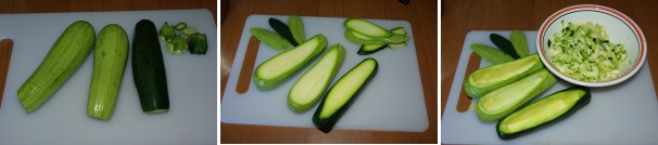 Lavate e pulite le zucchine privandole delle due estremità, tagliate la paste superiore e tenetela da parte, quindi tagliatene un’altra fetta lasciando in vista la polpa che scaverete con l’aiuto di uno scavino o di un cucchiaino, tritate quindi la polpa e la seconda fetta di zucchina, tenendo la parte l’estremità superiore che servirà da coperchio.